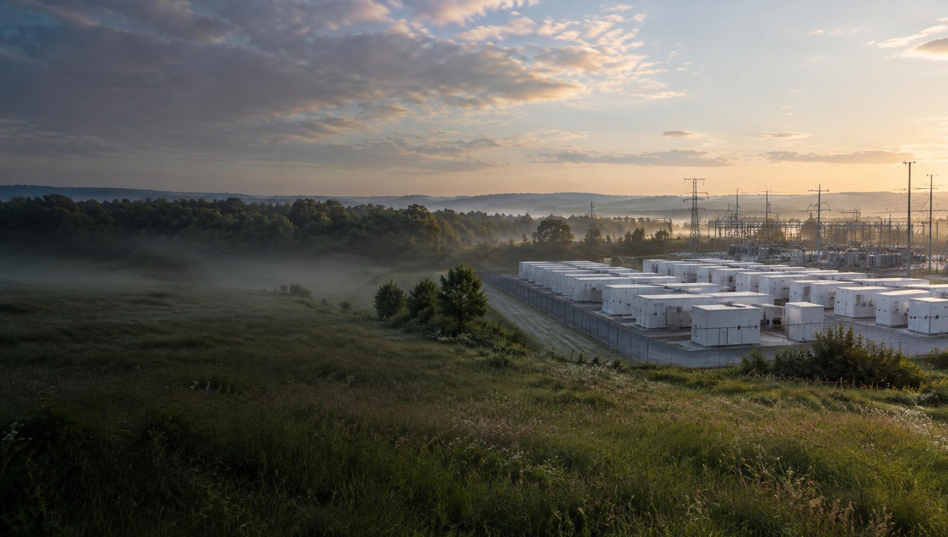 Conceptual battery energy storage site beside open industrial land and electrical infrastructure